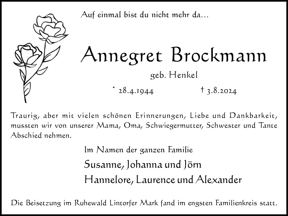  Traueranzeige für Annegret Brockmann vom 12.10.2024 aus Trauer Vest