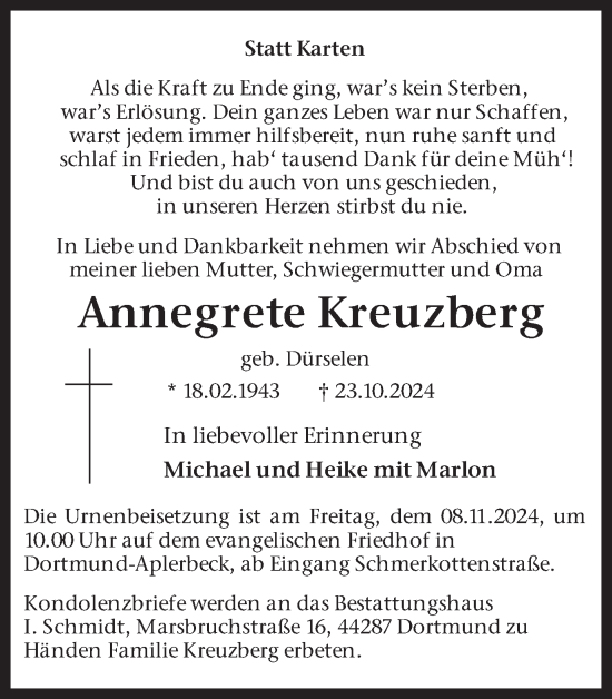 Traueranzeige von Annegrete Kreuzberg von Ruhr Nachrichten