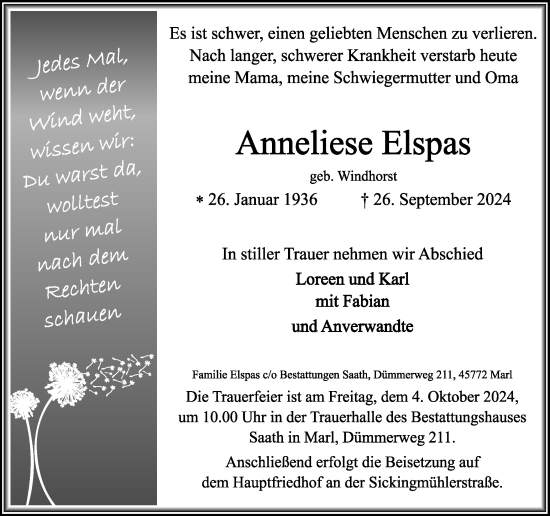 Traueranzeige von Anneliese Elspas von Trauer Vest