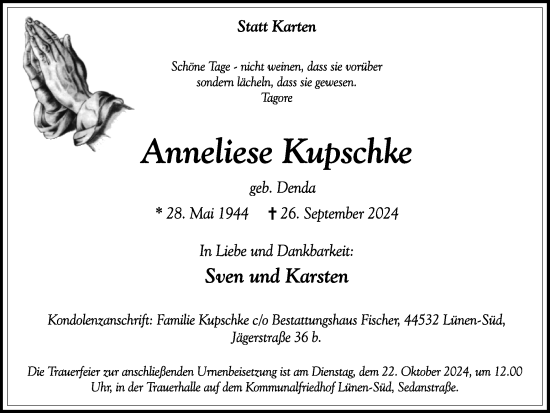 Traueranzeige von Anneliese Kupschke von Lüner Anzeiger