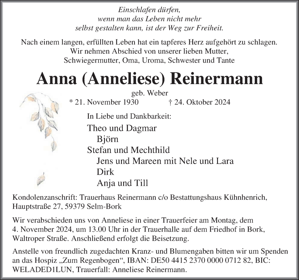  Traueranzeige für Anneliese Reinermann vom 30.10.2024 aus Ruhr Nachrichten