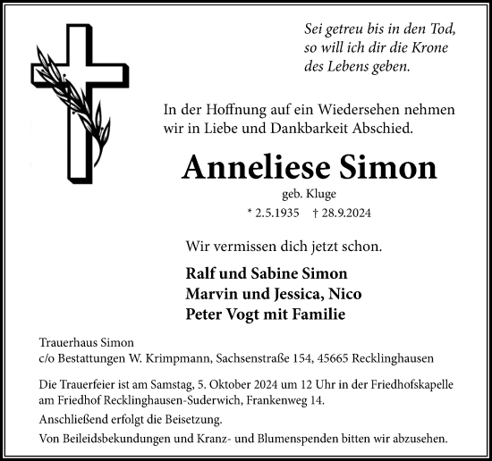 Traueranzeige von Anneliese Simon von Trauer Vest