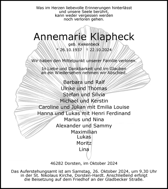 Traueranzeige von Annemarie Klapheck von Ruhr Nachrichten und Dorstener Zeitung