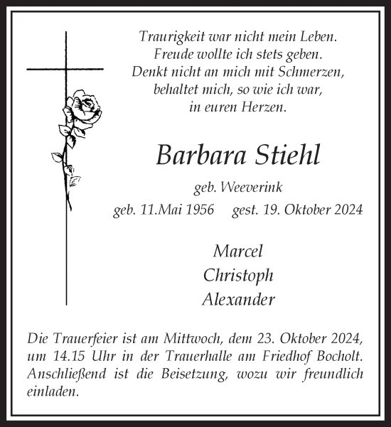 Traueranzeige von Barbara Stiehl von Bocholter-Borkener Volksblatt