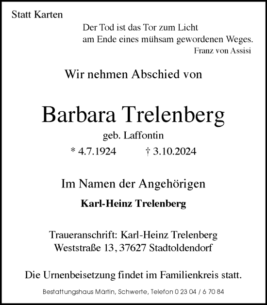 Traueranzeige von Barbara Trelenberg von Ruhr Nachrichten