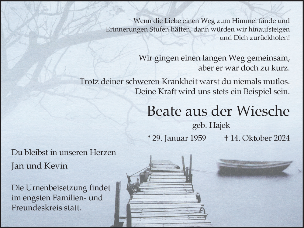  Traueranzeige für Beate aus der Wiesche vom 19.10.2024 aus Ruhr Nachrichten und Dorstener Zeitung