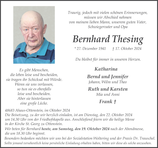 Traueranzeige von Berhard Thesing von Münsterland Zeitung