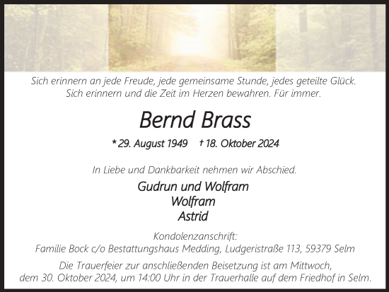 Traueranzeige von Bernd Brass von Ruhr Nachrichten