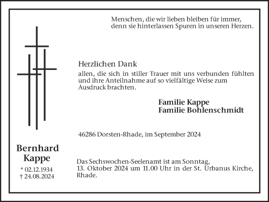 Traueranzeige von Bernhard Kappe von Ruhr Nachrichten und Dorstener Zeitung