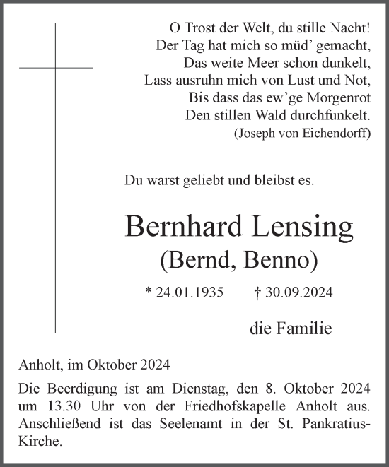 Traueranzeige von Bernhard Lensing von Bocholter-Borkener Volksblatt