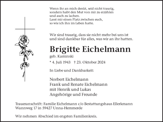 Traueranzeige von Brigitte Eichelmann von Hellweger Anzeiger