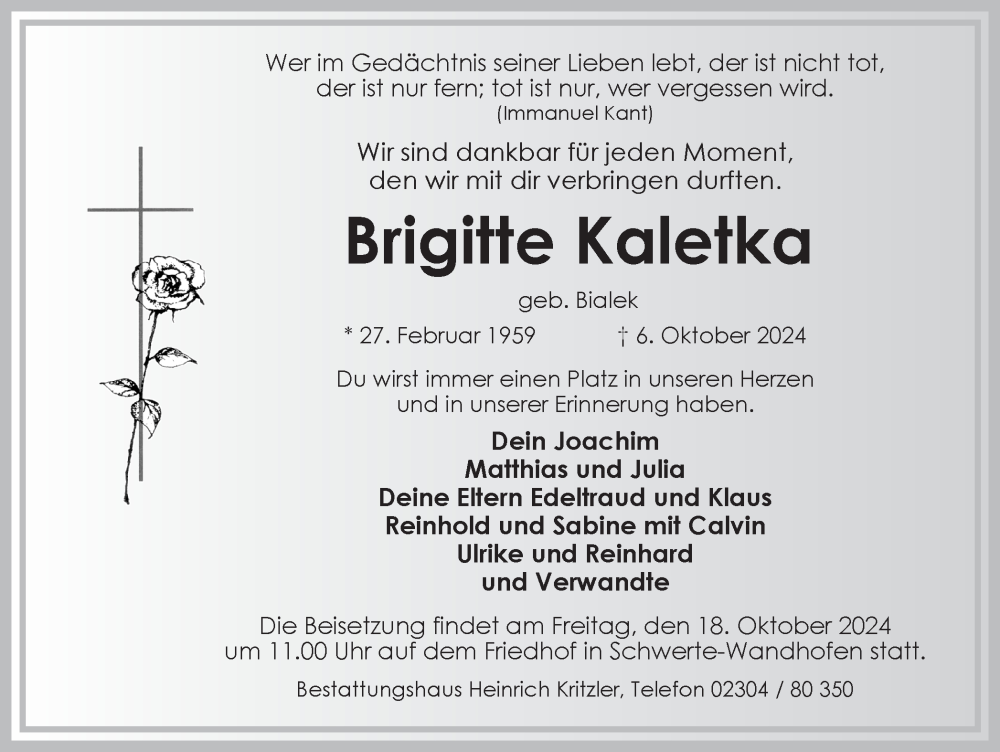  Traueranzeige für Brigitte Kaletka vom 12.10.2024 aus Ruhr Nachrichten