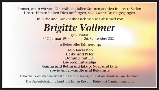 Traueranzeige von Brigitte Vollmer von Lüner Anzeiger