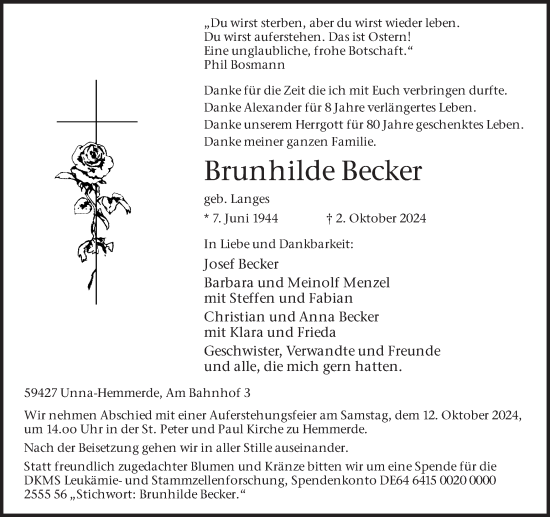 Traueranzeige von Brunhilde Becker von Hellweger Anzeiger