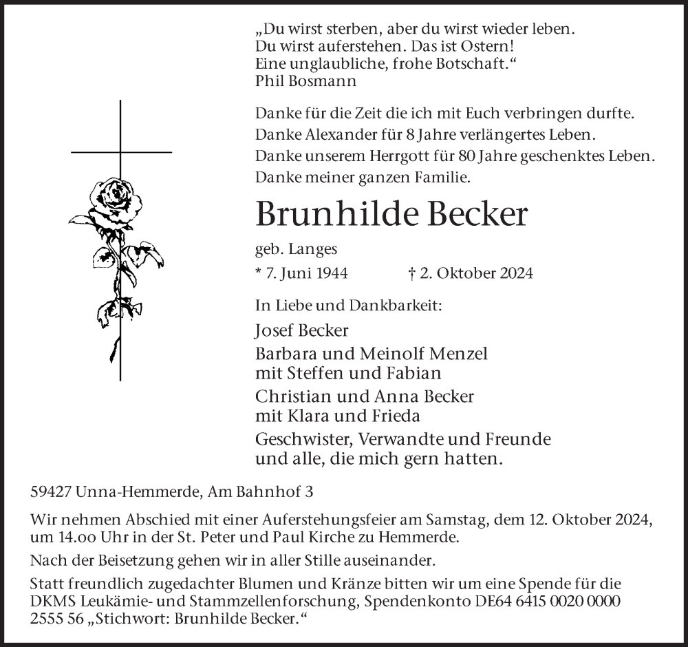  Traueranzeige für Brunhilde Becker vom 08.10.2024 aus Hellweger Anzeiger