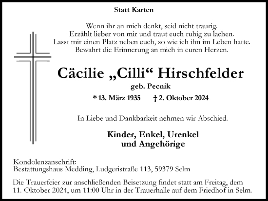 Traueranzeige von Cäcilie Hirschfelder von Ruhr Nachrichten