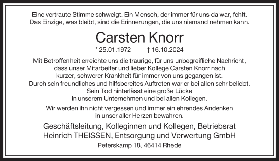 Traueranzeige von Carsten Knorr 