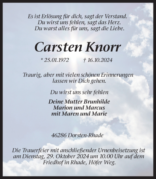 Traueranzeige von Carsten Knorr von Ruhr Nachrichten und Dorstener Zeitung