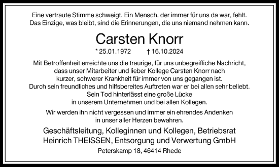 Traueranzeige von Carsten Knorr von Ruhr Nachrichten und Dorstener Zeitung