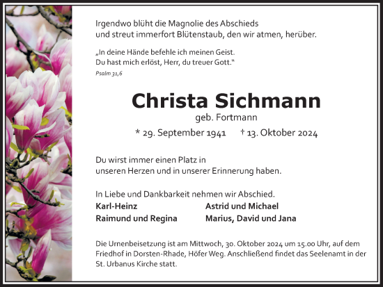 Traueranzeige von Christa Sichmann von Ruhr Nachrichten und Dorstener Zeitung