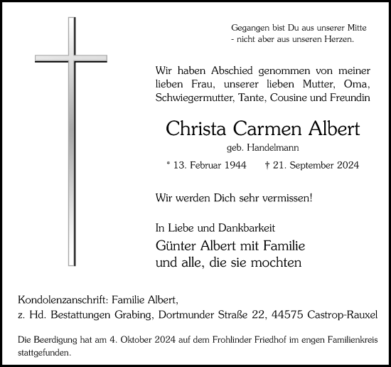 Traueranzeige von Christa Carmen Albert von Ruhr Nachrichten