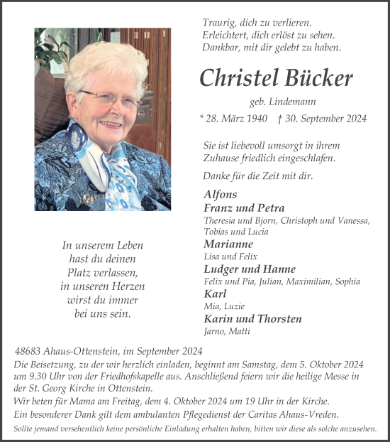 Traueranzeige von Christel Bücker von Münsterland Zeitung