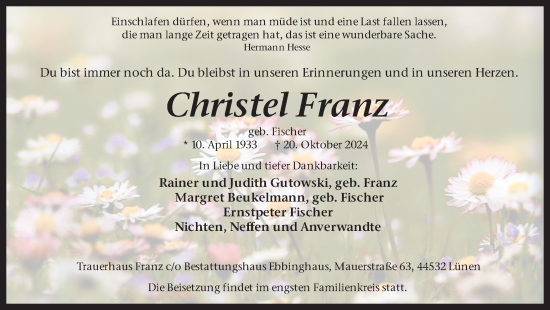 Traueranzeige von Christel Franz von Lüner Anzeiger