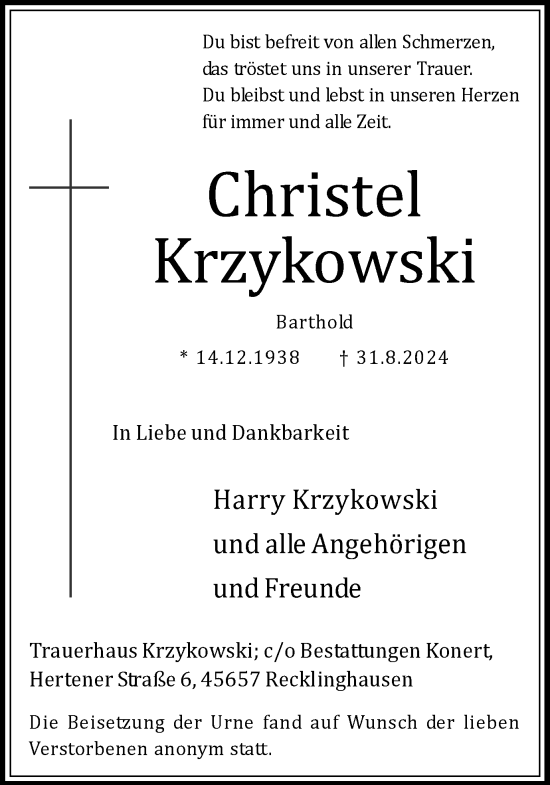 Traueranzeige von Christel Krzykowski von Trauer Vest