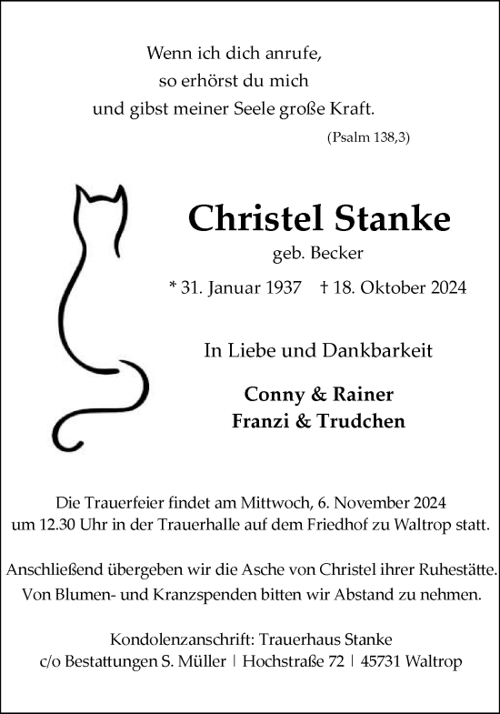 Traueranzeige von Christel Stanke von Trauer Vest