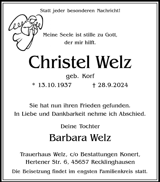 Traueranzeige von Christel Welz von Trauer Vest