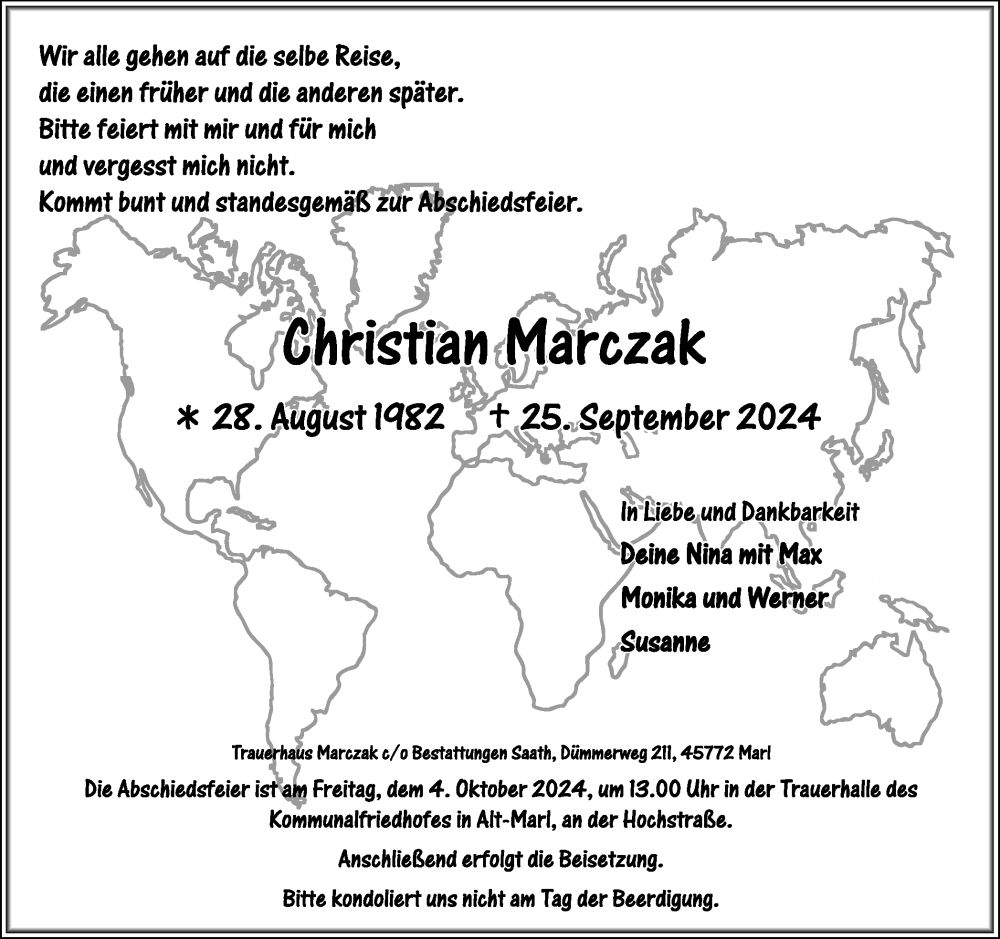  Traueranzeige für Christian Marczak vom 02.10.2024 aus Trauer Vest