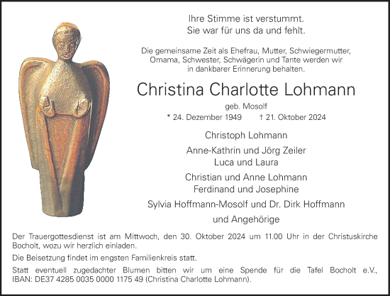 Traueranzeige von Christina Charlotte Lohmann von Bocholter-Borkener Volksblatt