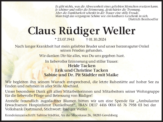 Traueranzeige von Claus Rüdiger Weller von Ruhr Nachrichten