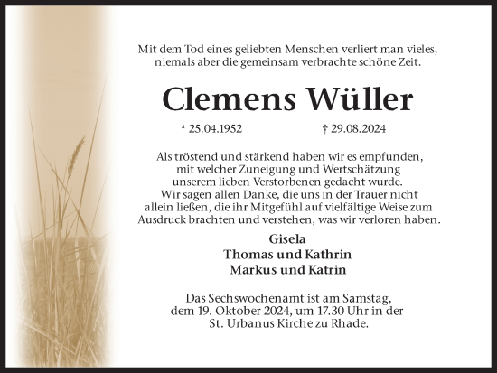 Traueranzeige von Clemens Wüller von Ruhr Nachrichten und Dorstener Zeitung