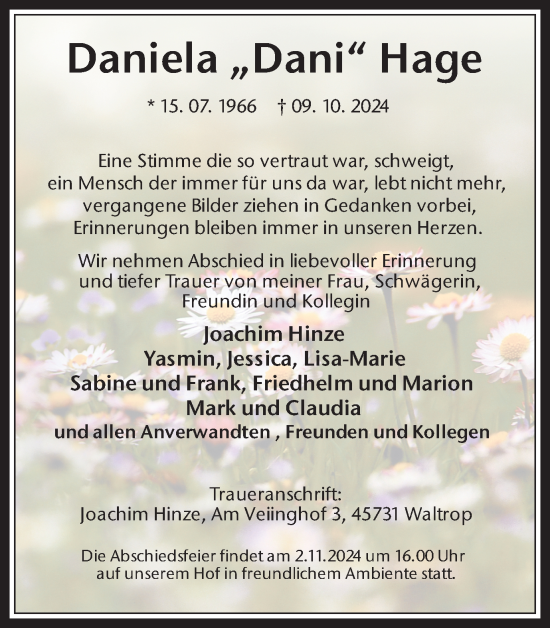 Traueranzeige von Daniela Hage von Trauer Vest