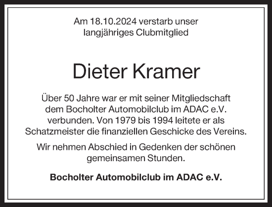 Traueranzeige von Dieter Kramer 