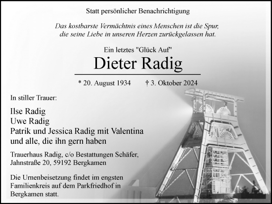 Traueranzeige von Dieter Radig von Hellweger Anzeiger