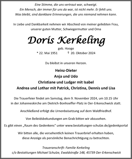 Traueranzeige von Doris Kerkeling von Trauer Vest