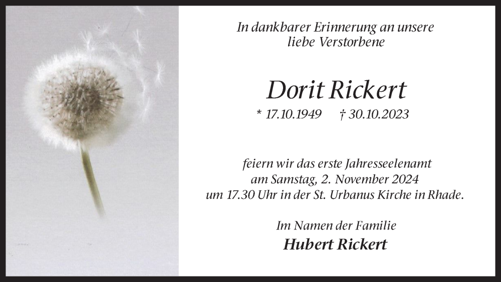  Traueranzeige für Dorit Rickert vom 26.10.2024 aus Ruhr Nachrichten und Dorstener Zeitung
