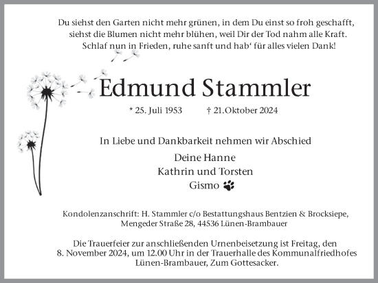 Traueranzeige von Edmund Stammler von Lüner Anzeiger