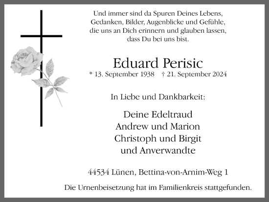 Traueranzeige von Eduard Perisic von Lüner Anzeiger