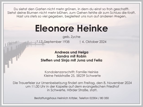 Traueranzeige von Eleonore Heinke von Ruhr Nachrichten