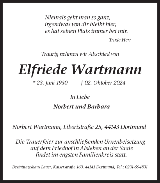 Traueranzeige von Elfriede Wartmann von Ruhr Nachrichten