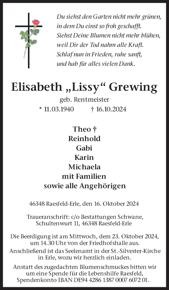 Traueranzeige von Elisabeth  Grewing von Ruhr Nachrichten und Dorstener Zeitung