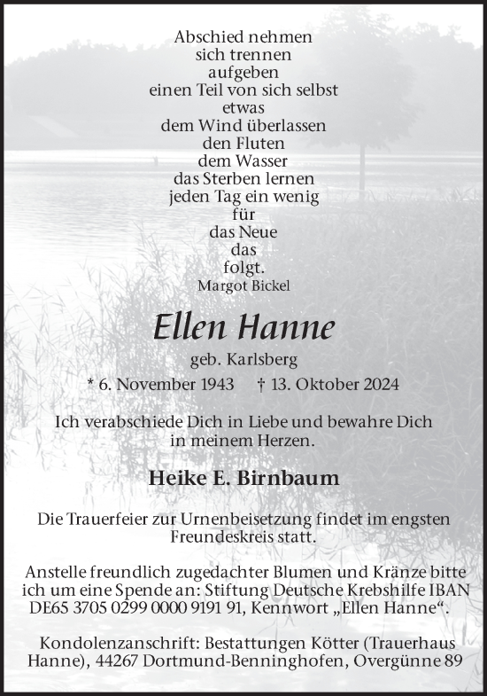 Traueranzeige von Ellen Hanne von Ruhr Nachrichten