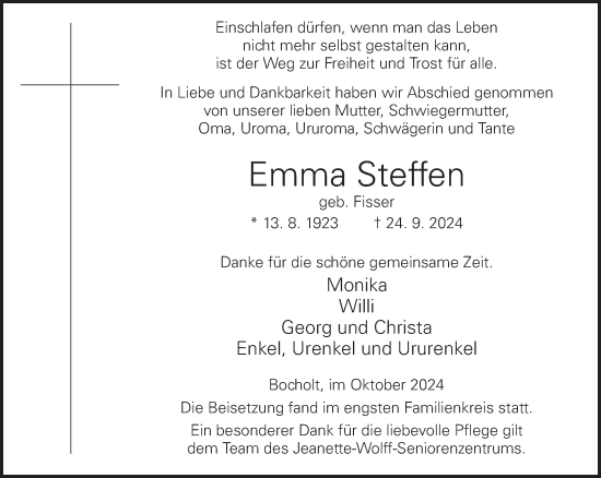 Traueranzeige von Emma Steffen von Bocholter-Borkener Volksblatt