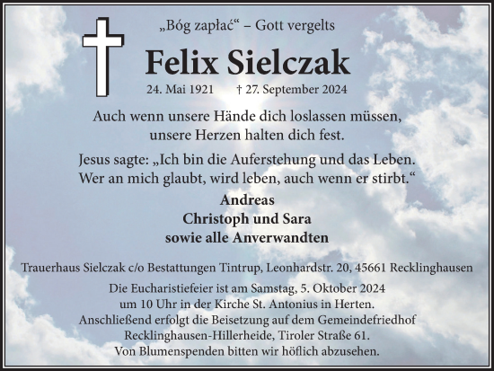 Traueranzeige von Felix Sielczak von Trauer Vest