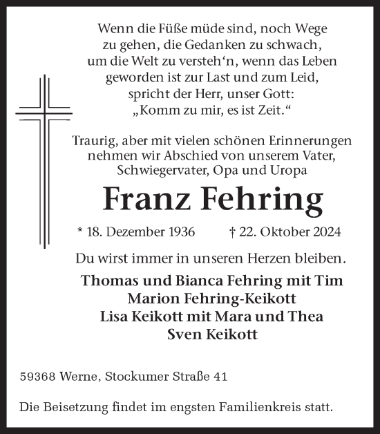 Traueranzeige von Franz Fehring von Ruhr Nachrichten