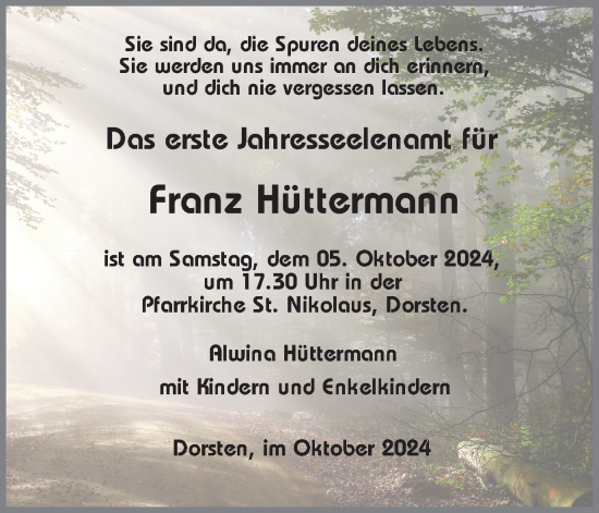 Traueranzeige von Franz Hüttermann von Ruhr Nachrichten und Dorstener Zeitung