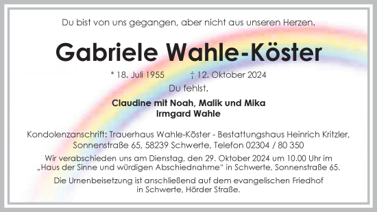 Traueranzeige von Gabi Wahle-Köster von Ruhr Nachrichten